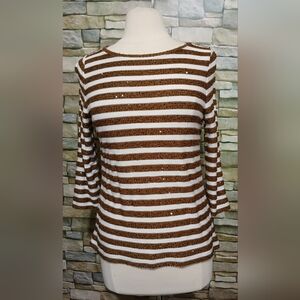Womens Talbots Striped Sequined Blouse Top Brown White